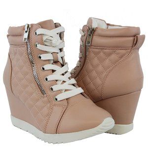 Women Stylish Hidden Wedge Sneakers Ankle Quilted Booties Lace Up Shoes Coral